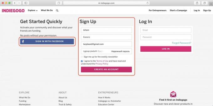 Как да си купите по Indiegogo: въведете име, имейл адрес и парола, или влезте с Facebook
