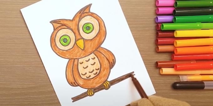 Как да нарисувате бухал: нарисувайте очите, краката и клон