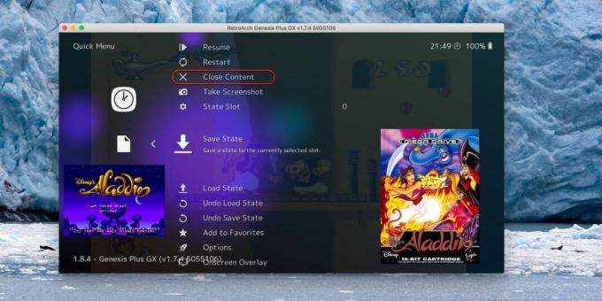 Как да използвам Retroarch: Щракнете върху Затвори съдържанието