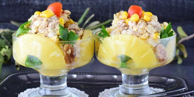 проста рецепта за салата с орехи, ананас и пиле