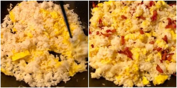 Как да се готви пържен ориз с яйце: Когато оризът се затопля, добавете бекона, сол и соев сос и разбъркайте добре