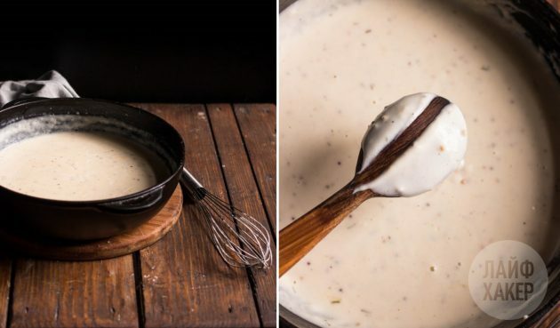 Как да приготвим сос за селски пай от тиква, картофи и целина: Оставете млякото да се сгъсти, разбърквайки на умерен огън за около 5 минути